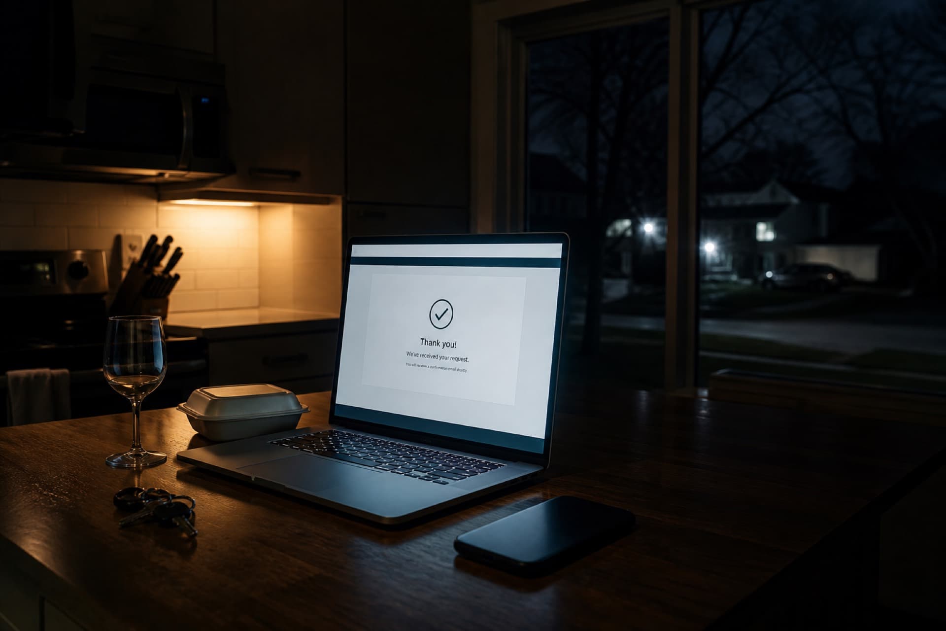 Night kitchen with a form confirmation on a laptop